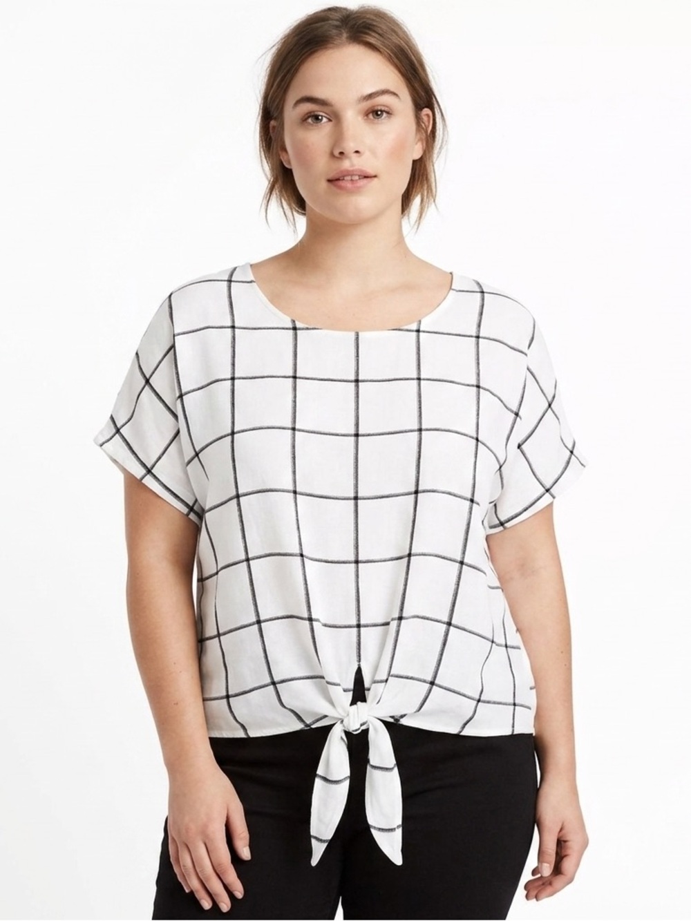 Herinbe Tu Crop Blouse Medium Grid Tie-Front Top - Picture 2 of 9